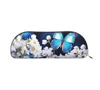 LPSRTWE Federmäppchen aus Leder, Motiv: blaue Schmetterlinge, weiße Blumen, Stiftetasche mit Reißverschluss, Make-up-Tasche, kleines Federmäppchen für Arbeit und Büro, silber, One Size