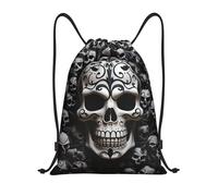 LPSRTWE Rucksack mit Kordelzug, wasserdicht, mit Totenköpfen, leicht, für Sport, Fitnessstudio, Schwarz und Weiß