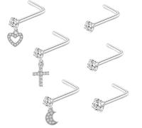 LRGKMCWTOB 6 Stück 925 Sterling Silber L-Form Nasenstecker mit Liebeskreuz Mond Blume Herz Edelstahl Zirkonia AAA, Edelstahl, Stahl, Sterlingsilber, Zirkonia