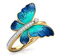 LRGKMCWTOB Schmetterlingsring aus 14 Karat Gold, Zirkon, Schmetterlingsring für Damen und Mädchen, Tier-Statement, Versprechensring, Schmetterling mit Zirkonia, vergoldet, Schmetterlingsringe, Schmuck