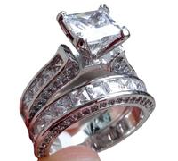 LRGKMCWTOB Schöner Ring - 2-in-1 Damenring im Vintage-Stil, Topas im Prinzessschliff, Zirkonia, 10 kt Weißgold, gefüllt, weißer Diamant, Zirkonia, Verlobungsversprechen, Brautschmuck, Silberband