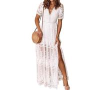 LRISES Damen Maxikleid mit V-Ausschnitt, floral, Bestickt, Spitze, Hochzeit, Maxikleid, Boho-Kurzarm, Schlitz, Brautjungfer, Abendkleid, Partykleid, Weiss/opulenter Garten, Groß