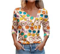 LRMQS Frühlings-Tops für Damen, trendig, lässig, langärmelig, asymmetrisch, V-Ausschnitt, Knopf, Blusen, elegante Damenhemden, Kleidung, Orange #25, Klein