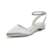 LRMYMHY Bequeme Damen-Hochzeitsschuhe aus Satin, Spitze Zehen, Knöchelriemen, Brautschuhe D'Orsay Pumps für Braut, Brautjungfer, Ball,Silber,42 EU