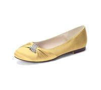 LRMYMHY Damen Geschlossene Hochzeitsschuhe für Braut Ballerinas Slip on Brautschuhe Satin Flache Schuhe,Gold,35 EU