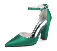 LRMYMHY Damen Satin Hochzeitsschuhe Mit Knöchelriemen Für Die Braut Blockabsatz Brautschuhe Spitze Hochzeitsschuhe,Grün,41 EU