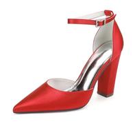 LRMYMHY Damen Satin Hochzeitsschuhe Mit Knöchelriemen Für Die Braut Blockabsatz Brautschuhe Spitze Hochzeitsschuhe,Rot,37 EU