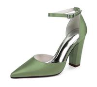 LRMYMHY Damen Satin Hochzeitsschuhe Mit Knöchelriemen Für Die Braut Blockabsatz Brautschuhe Spitze Hochzeitsschuhe,Teal,35 EU