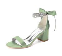 LRMYMHY Hochzeits-Sandalen Damen Offener Zehenbereich Satin Sandaletten Mit Mittlerem Blockabsatz Strass Knöchelriemen Brautschuhe,Sage Green,41 EU