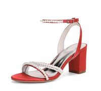 LRMYMHY Pearl Sandalen Damen mit Absatz Bequem Sandaletten Sommer Elegant Sommerschuhe Klassische Blockabsatz Schuhe,Rot,39 EU