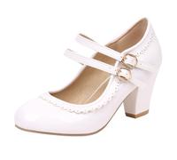 Lroey Reoly Damen Blockieren Ferse Mary Jane Schuhe, Höhe Ferse Pumpe Runde Zehen Schnalle Party Schuhe Zweifarbig Mode Helgmu Weiß Gr 41 EU