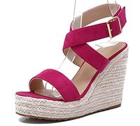 Lroey Reoly Damen Espadrille mit Absatz, Sandalen Offene Zeh Elegant Keilabsatz Abendschuhe mit Plateau Schnalle Criss Cross Strap 203 Rose-Rot Gr 38 EU