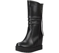 Lroey Reoly Damen Hohe Stiefel mit Keilabsatz, Winterstiefel Leisure Ohne Verschluss Overknees Stiefel Höhe Ferse Runde Zehen mit Plateau 290 Schwarz-Dl Gr 50 EU