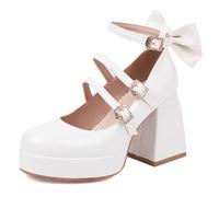 Lroey Reoly Damen Hohen Blockabsatz Mary Jane mit Plateau Runde Zehen Party Schuhe Dp1278 Weiß Gr 36 EU