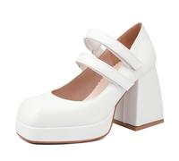 Lroey Reoly Damen Hohen Blockabsatz Mary Jane mit Plateau Square Toe Abendschuhe Dp1285 Weiß Gr 37 EU