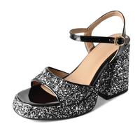 Lroey Reoly Damen Hohen Blockabsatz Sandalen mit Plateau Square Toe Party-Sandale Ls1250 Schwarz Gr 43 Eu