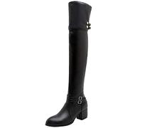 Lroey Reoly Damen Overknee Stiefel mit Blockabsatz, Anzugstiefel Mitte Absatz Pointed Toe Boots Zip Winter Overknees Stiefel 219 Schwarz Gr 43 EU