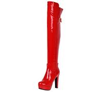 Lroey Reoly Damen Overknee Stiefel mit Blockabsatz, Partystiefel Mode Zip Overknees Stiefel Höhe Ferse Runde Zehen mit Plateau 373 Rot Gr 42 EU