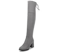 Lroey Reoly Damen Overknee Stiefel mit Blockabsatz, Stretch Stiefel Simple Zip Overknees Stiefel Höhe Ferse Almond Toe 359 Grau Gr 47 EU