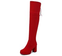Lroey Reoly Overknee-Stiefel mit Blockabsatz Für Damen, Stretch Stiefel Runde Zehen Höhe Ferse Overknees Stiefel Zip mit Plateau, F10399Ez Rot Gr 48 EU