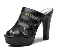 Lroey Reoly Pantoletten Für Damen, Peeptoe-Mesh-Sandalen mit Hohem Absatz Ohne Verschluss Blockabsatz Mule mit Plateau, 8929Wjh Schwarz Gr 42 EU