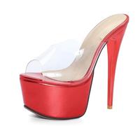 Lroey Reoly Pantoletten Für Damen, Peeptoe-Sandalen mit Hohem Absatz Ohne Verschluss Stiletto Mule mit Plateau Transparent, 4145Kei Rot Gr 49 EU