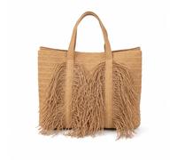 LRXFPIYF Damen Geflochtene Handtasche Tote Shopper Schultertasche Beuteltasche Leicht Und Geräumig mit Boho Fransen Und Stabiler Form aus Papier Polyester für Strand Urlaub Alltag, Array, Braun