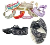 LS-LebenStil Exklusives Statement Armband - das Original - Cat Mom Grau 16-20cm Quasten besticktes Boho Canvas Webarmband Damen Freundschaftsarmband Geschenk gewebt textil Stoffarmband