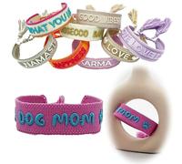 LS-LebenStil Exklusives Statement Armband - das Original - Dog Mom Pink Magenta Türkis 16-20cm Quasten besticktes Boho Canvas Webarmband Damen Freundschaftsarmband Geschenk gewebt textil Stoffarmband