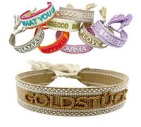 LS-LebenStil Exklusives Statement Armband - das Original - Goldstück Beige Gold 16-20cm Quasten besticktes Boho Canvas Webarmband Damen Freundschaftsarmband Geschenk gewebt textil Stoffarmband