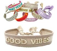 LS-LebenStil Exklusives Statement Armband - das Original - Good Vibes Beige Weiß 16-20cm Quasten besticktes Boho Canvas Webarmband Damen Freundschaftsarmband Geschenk gewebt textil Stoffarmband