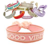 LS-LebenStil Exklusives Statement Armband - das Original - Good Vibes Rosa Weiß - 16-20cm Quasten besticktes Boho Canvas Webarmband Damen Freundschaftsarmband Geschenk gewebt textil Stoffarmband