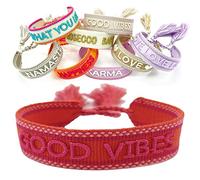 LS-LebenStil Exklusives Statement Armband - das Original - Good Vibes Rot Pink 16-20cm Quasten besticktes Boho Canvas Webarmband Damen Freundschaftsarmband Geschenk gewebt textil Stoffarmband