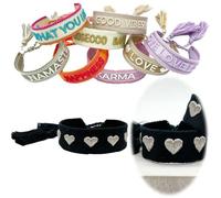 LS-LebenStil Exklusives Statement Armband - das Original - Herzen Schwarz Silber 16-20cm Quasten besticktes Boho Canvas Webarmband Damen Freundschaftsarmband Geschenk gewebt textil Stoffarmband