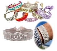 LS-LebenStil Exklusives Statement Armband - das Original - Love Creme Beige 16-20cm Quasten besticktes Boho Canvas Webarmband Damen Freundschaftsarmband Geschenk gewebt textil Stoffarmband