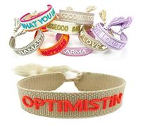 LS-LebenStil Exklusives Statement Armband - das Original - Optimistin Beige Orange 16-20cm Quasten besticktes Boho Canvas Webarmband Damen Freundschaftsarmband Geschenk gewebt textil Stoffarmband