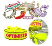 LS-LebenStil Exklusives Statement Armband - das Original - Optimistin Neon Gelb Pink 16-20cm Quasten besticktes Boho Canvas Webarmband Damen Freundschaftsarmband Geschenk gewebt textil Stoffarmband