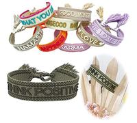 LS-LebenStil Exklusives Statement Armband - das Original - Think Positive Khaki Grün 16-20cm Quasten besticktes Boho Canvas Webarmband Damen Freundschaftsarmband Geschenk gewebt textil Stoffarmband