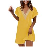 LSAltd Abendkleid Lang Elegant Für Hochzeit Longshirt Damen Kurzarm Maxikleid Damen Sommer 1950er Ärmellos Vintage Retro Spitzenkleid Kleidung Damen Sommer V Ausschnitt Blumenkleid,Gelb,XXL