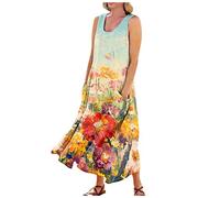 LSAltd Abendkleider Elegant Für Hochzeit Strandkleid Damen Lang Festival Outfit Damen Sommerkleid Damen Sexy Strandkleider Retro Kleider Damen Damen Frauen Damenmode V-Ausschnitt Kleid,Orange,4XL