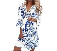 LSAltd Hippie Kleidung Damen Rückenfreies Kleid Boho-Kleid Damen One Shoulder Chiffon Brautjungfernkleider Strandkleid Damen Lang Imitation Denim Druck Kleider,Blau,3XL