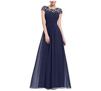 LSAltd Muslimische Kleider Damen Damenkleider Festlich Erotische Frau Frauen Tüll Applikationen Abschlussballkleider Damenkleid Casual Rundhals Flatterärmel Maxikleider,Marine,XL