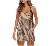 LSAltd Muslimische Kleider Damen Jumpsuit Elegant Hochzeit Gast Kleid Elegant Sommerkleid Damen Kurz Drucken Boho Kleider Sommerkleid Lang Mit Taschen Damen Sommer Sonnenkleider,Khaki,S