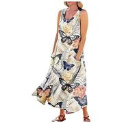 LSAltd Schwarzes Kleid Damen Summer Dress for Women Beach Dress Damen Lange Kleid Abendkleid Schwarz Lang Ärmelloses Sommer-Frauen Party V-Ausschnitt Mit Maxi-Taschen Kleid,White,XL