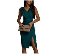 LSAltd Sommerkleid Damen Knielang Damen-Kleider Plissee Hohe Taille Slip O- Frauen Für Frauen Kleid Damen Elegant Für Hochzeit Lang V-Ausschnitt Wickelkleider,Dark Green,3XL