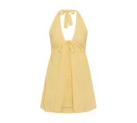 Neckholderkleid LSCN BY LASCANA, Damen, Gr. 42, N-Gr, pastel gelb, Web, Obermaterial: 58% Viskose, 28% Baumwolle, 14% Leinen, unifarben, figurumspielend mini, tiefer V-Ausschnitt, Kleider Neckholderkl