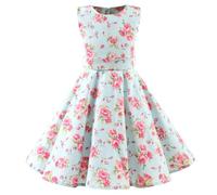 LSHEL Mädchen Vintage Kleider 1950er Hepburn Stil Polka Dots Partykleider Kinder Retro Rockabilly Blumendruck Kleid für Abend Cocktail Prom Faltenkleid, Minzgrün mit Blume, 9-10 Jahre alt
