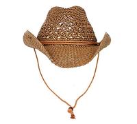 LTSWEET Cowboy Strohhut Herren Damen Cowboyhut Western Sonnenhut Strand Kappe Breiter Krempe Sommer Sonnenschutz Outdoor Camping mit Kinnriemen Natur,Braun