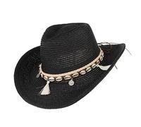 LTSWEET Cowboy Strohhut Herren Damen Westernhut Sonnenhut Strand Kappe Natürliches Stroh Shell Schick Breiter Krempe Sonnenschutz Größe Einstellbar Draussen Sport,Schwarz