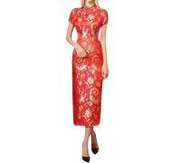 Luadnysin Cheongsam Traditionelles chinesisches Damenkleid, Kleid Damen,Damen Kleider,Abendkleid,Seitenschlitz, schmale Passform, Midi-Kleid, Mandarinenkragen, Kurze Ärmel, Qipao, Rot,XXL